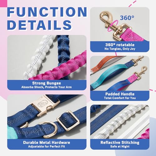 Hands Free Dog Leash with Pouch, Bungee, Waist Belt and Dual Handles - color: Pink