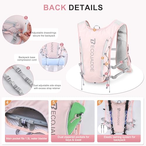 BECOJADDE Running Vest for Women Men, 5L/6L Lightweight Hydration Backpack Running Pack for Marathon, Trail, Cycling, Hiking, Jogging - color: Pink