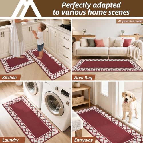 COSY HOMEER Washable Kitchen Rugs Sets of 2 Non-Slip Kitchen Mats,Red - color: Red, size: 20"x30" + 20"x48"