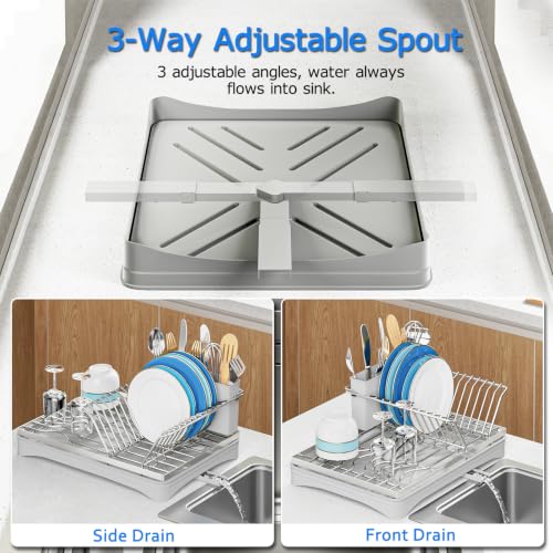 ANTOPY Dish Drying Rack Stainless Steel Dish Rack for Kitchen Counter, Rustproof Dish Drainer with Removable Cutlery Holder Self-Draining Drainboard, Compact Drying Rack Kitchen, 16.5''Lx11.8''W, Gray - style: Counter (Medium)