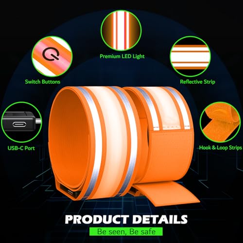 LED Armband Rechargeable for Running(2 Pack),Light Up Arm Bands for Night Walking,Running Lights for Runners,High Visibility Reflective Running Gearr for Night Safety Light Up Wristbands - size: Orange