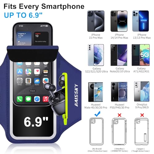 HAISSKY Running Armband with Zipper Pocket,Sweatproof Phone Armband 6.9" - color: Navy blue(Up to 6.9")