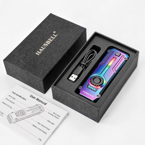 HAUSBELL Flat EDC Flashlight 1800LM Turbo, 0.6" Ultra-Slim Pocket Light with Stepless Dimming Dial, Magnetic Base, 365nm UV & Red Laser, Side-COB Flood, USB-C Fast Charge, IP44 Weatherproof - color: Iridescent