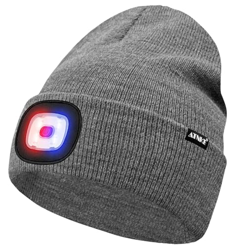ATNKE LED Lighted Beanie Hat,USB Rechargeable 4 LED Red and Blue Flashing Running Headlamp Cap Gifts for Men and Women - color: #Grey