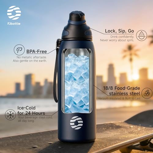 FJbottle 24oz Stainless Steel Insulated Water Bottle No Straw Spout Lid - color: Classic Navy, size: 24 Ounces