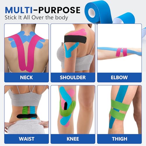 5 Rolls Kinesiology Tape, 5 Colors 2 inch x 16.4 Feet Waterproof Athletic Tape, Uncut Kinetic Tape, Elastic Muscle Tape, Sports Tape, Knee Tape for Exercise and Daily Use - color: Skin Colour, Light Blue, Green, Roseo, Black