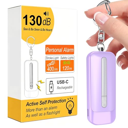 Personal Alarm for Women, Rechargeable with Safety Lights & Low Battery Notice, 130dB Siren with Extra Bright LED Flashlight Strobe Light for Emergency, Dual Light Sources Safety Keychain - color: purple