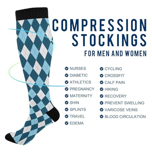 JUNZAN Buffalo Plaid Red Black Knee High Socks Compression Socks for Women Men Kid for Running Sports Nurse - color: Argyle Plaid Blue White