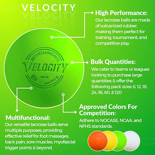 Velocity Lacrosse Balls - 1, 2, 3, 6, 12, 18, 24, 36, 60 and 120 Packs - for Practice, Official NFHS and College Approved Size - color: Lime Green, size: 120 Balls, style: Practice Ball