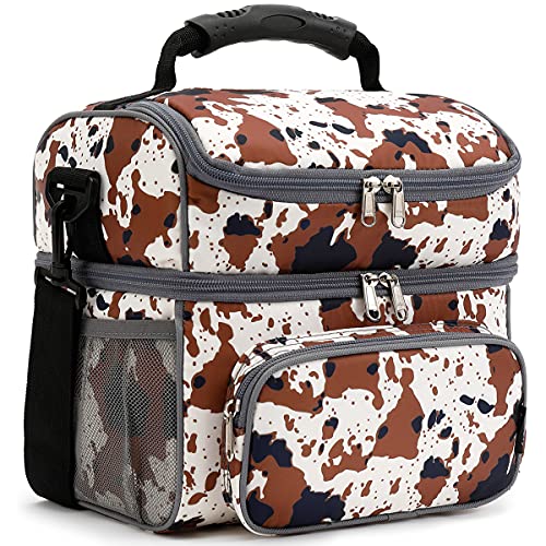 FlowFly Double Layer Cooler Insulated Lunch Bag Adult Lunch Box Large Tote Bag for Men, Women, With Adjustable Strap,Front Pocket and Dual Large Mesh Side Pockets - color: Cow