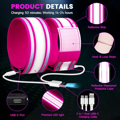 Fokia Kunbio Light Up LED Armband for Running Walking at Night,Reflective Arm Bands for Runners,Rechargeable Jogging Lights,High Visibility Night Running Safety Gear Adjustable Running Women Men Kids - color: Pink