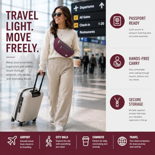 Entchin Water-Resistant Fanny Pack, 4-Zipper Belt Bag - color: Burgundy