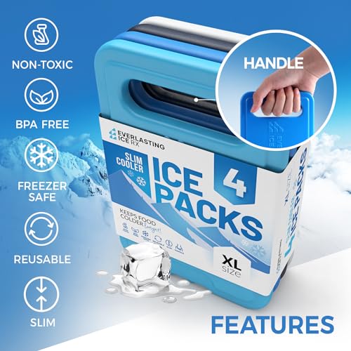 Slim Ice Packs for Lunch Box with Handle, BPA Free Freezer Packs, 4 Pack