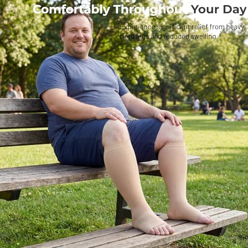MGANG Plus Size Medical Compression Stockings for Women & Men, Open Toe - color: Knee High Open Toe Beige, size: 6X-Large