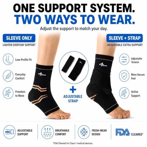 ABIRAM Ankle Brace Compression Sleeve with Adjustable Support Strap - color: Blue, size: X-Large