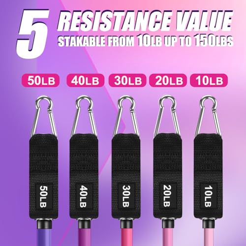 WHATAFIT Resistance Bands with Handles, 150 lb Exercise Bands Set - color: Pink Purple