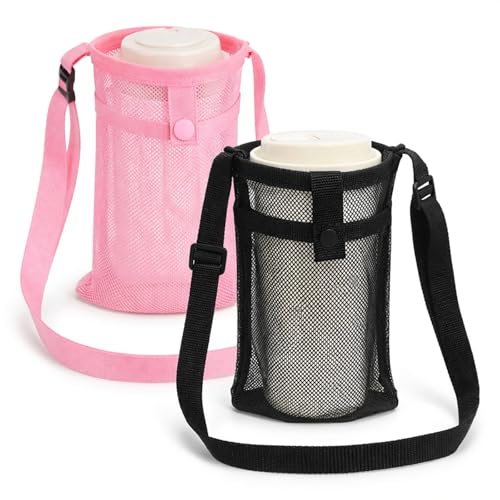 Larrel Water Bottle Holder with Strap, 2 Pcs Lightweight Mesh Water Bottle Bag Crossbody, Bottles Holder Strap with Pocket for Hiking Walking Cycling Gym Beach Travelling(Black, Pink)