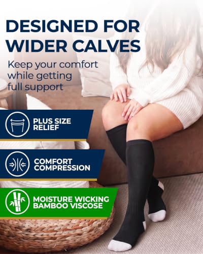 Pembrook® 3 Pairs Plus Size Compression Socks Wide Calf - Bamboo Viscose - color: Black/White/Tan - 3 Pairs, size: 3X-Large