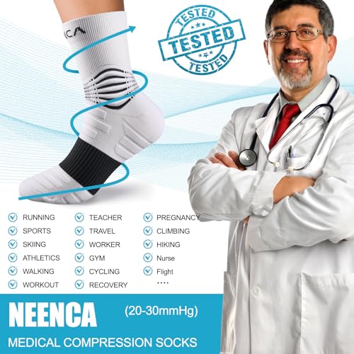 NEENCA Professional Compression Socks for Women Men Circulation, 20-30 mmHg - color: White - 2 Pairs, size: Medium