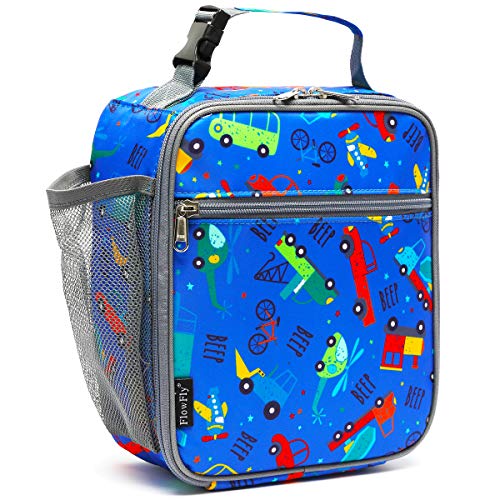 FlowFly Kids Lunch box Insulated Soft Bag Mini Cooler Back to School Thermal Meal Tote Kit for Girls, Boys, Car - color: Car