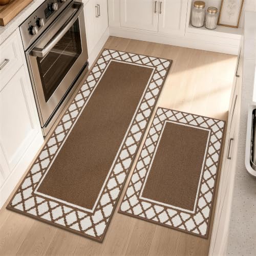 COSY HOMEER Washable Kitchen Rugs Sets of 2 Non-Slip Kitchen Mats,Browm - color: Brown, size: 20"x30" + 20"x48"
