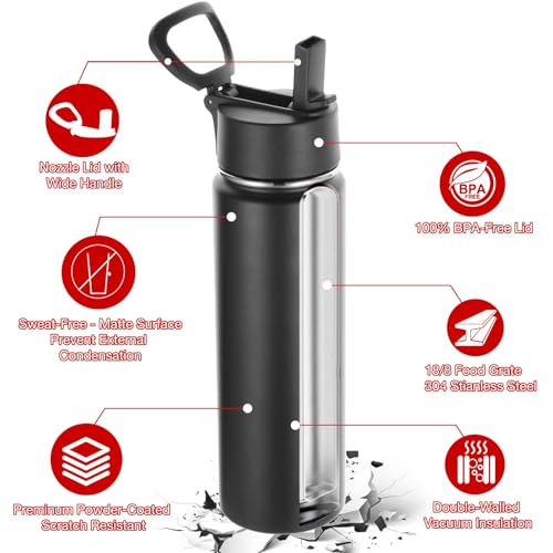 Volhoply 24oz Insulated Water Bottle with Straw Lid, Black, 1-Pack - color: Black