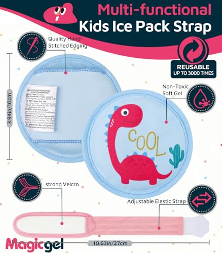 Magic Gel Kids Ice Packs for Boo Boos with Extra Adjustable Strap, 4 Pack Cute Dinosaur Mini Gel Ice Pack for Kids, Small Handheld Ice Packs, Hot Cold Therapy for Head Knee Elbow Bump Bruise- Dinosaur - style: Dinosaur