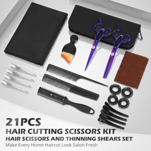 21Pcs 440C Hair Cutting Scissors Kit, Hair Scissors & Thinning Scissors Set - color: Purple