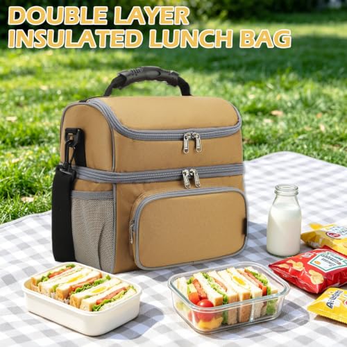 FlowFly Double Layer Cooler Insulated Lunch Bag Adult Lunch Box Large Tote Bag for Men, Women, With Adjustable Strap,Front Pocket and Dual Large Mesh Side Pockets - color: Brown