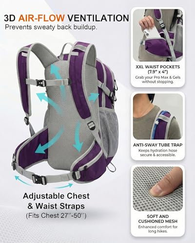 VPBAGE Hydration Backpack with 2L Bladder – Thermal Insulated Water Pack for Hiking, Skiing, Running – Lightweight Daypack for Men & Women, Soft-Lined Sunglasses Pocket & Large Waist Pockets - color: Dark Purple
