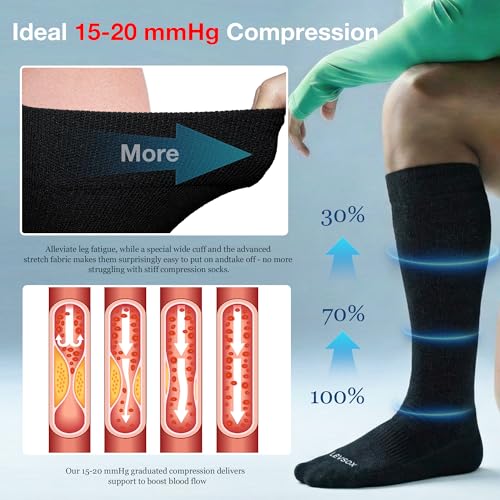 LEVSOX Bamboo Viscose Wide Calf Compression Socks 20-30 mmHg with Cushioned - color: Black, size: Medium