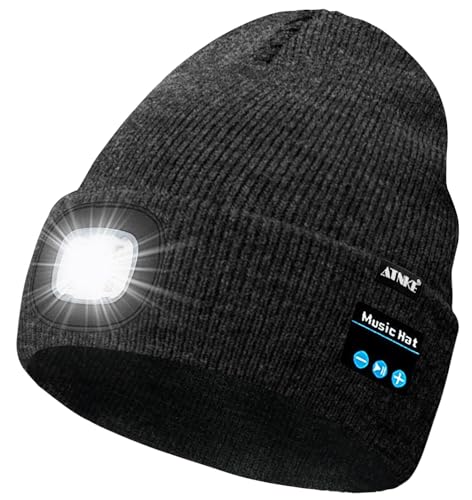 ATNKE LED Lighted Bluetooth Beanie Hat,USB Rechargeable 4 LED Wireless Music Running Headlamp Cap Gift for Men and Women - color: #Dark Grey