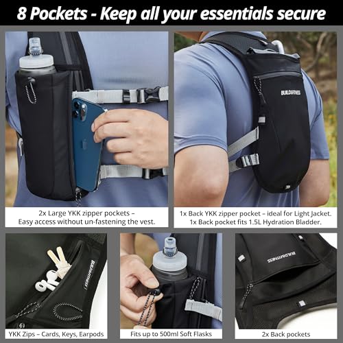 Running Hydration Vest for Women and Men. Reflective, 8 Pocket, Quick Dry, Water-Resistant, Breathable, Adjustable Backpack for Runs, Hiking, Cycling, Trails, Marathons - style: Black with 1.5L Water Bladder