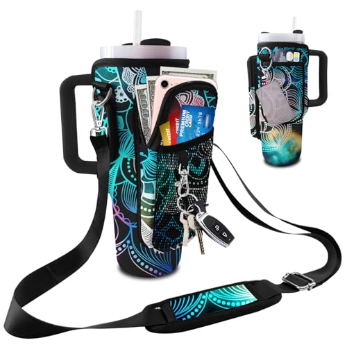 Stanley Carrier Bag for Stanley 40oz/30ozTumbler with Phone with 2 Adjustable Strap,3 Pockets Bottle Stanley Cup Carrier Bag & Case,Accessories for Hiking Travelling - color: Mandala Flower