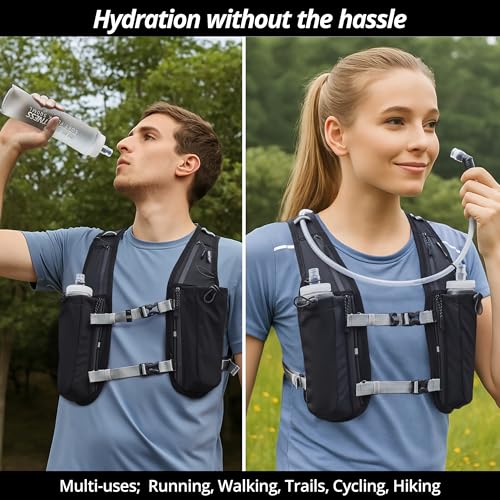 Running Hydration Vest for Women and Men. Reflective, 8 Pocket, Quick Dry, Water-Resistant, Breathable, Adjustable Backpack for Runs, Hiking, Cycling, Trails, Marathons - style: Black with 1.5L Water Bladder