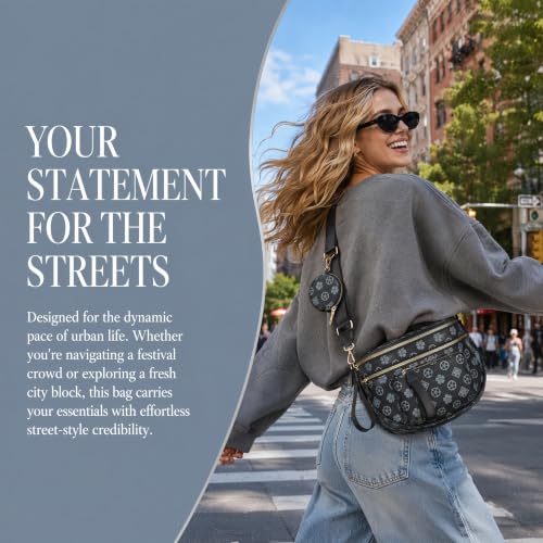 Makes Checkered Crossbody Bag Bum Bag for Women with Pouch - color: Black Flower
