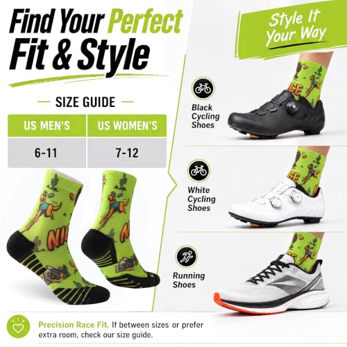 NIcool Cycling Socks For Men, 1/3 Pairs Bright Seamless Compression Running Crew Socks Youth Cushioned Tennis Quarter Socks - color: 1 Pair Neon Green/Dog Print