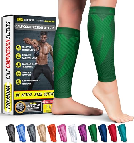 BLITZU Calf Compression Sleeves, Footless Compression Socks for Men & Women - color: Green, size: Small/Medium