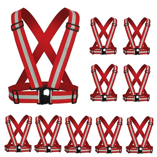 Reflective Strap Safety Vest Gear - 2-10 Pack Adjustable High Visible Reflective Running Gear for Women Men Night - color: Red X10