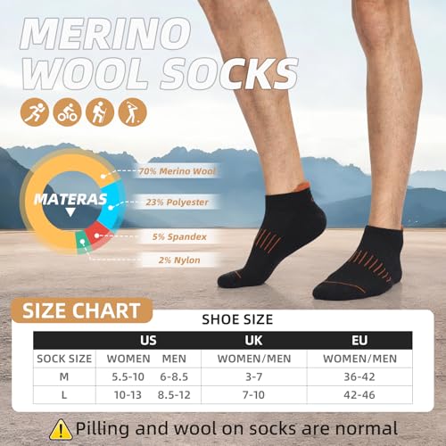 Lapulas Merino Wool Ankle Socks for Men Women, Hiking Running, 6 Pairs - color: Black, size: Medium