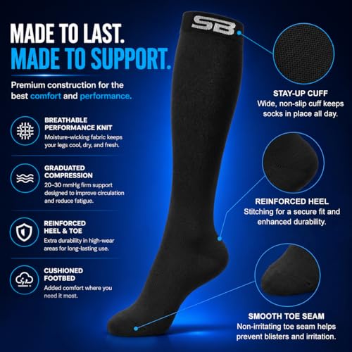 SB SOX Compression Socks for Men & Women (20-30mmHg) - color: Solid Black, size: Small