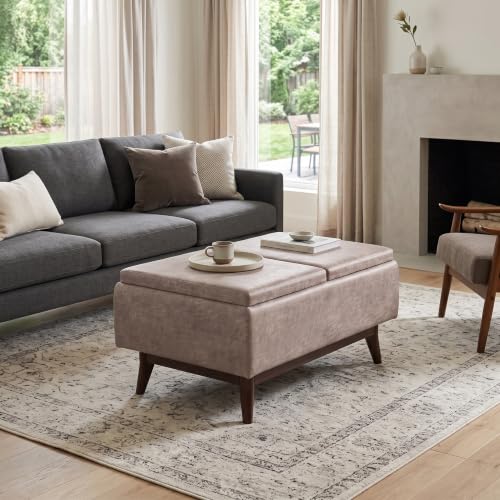 SIMPLIHOME Owen 34" Wide Vegan Leather Rectangle Tray Top Ottoman in Grey - color: Distressed Grey