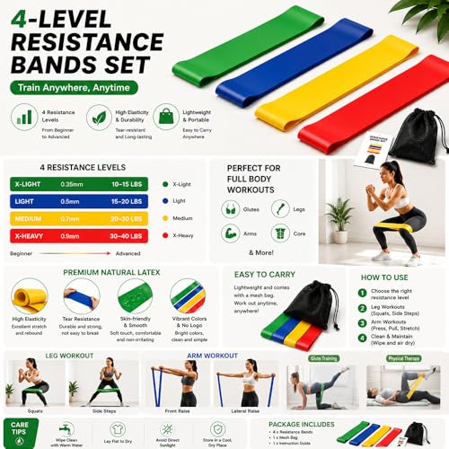 Resistance Loop Exercise Bands Set of 4 with Carry Bag for Home Fitness, Pilates and Daily Workout
