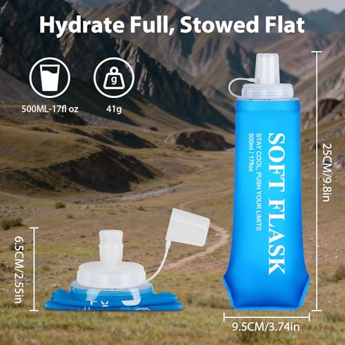 Collapsible Water Bottle 2PCS, BPA-Free Reusable Soft Flask 500ml with Leakproof Cap, Foldable Water Bottle for Running, Walking, Hiking, Camping Cycling