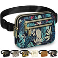 Capolo Fanny Packs for Women 4 Zip Pocket Crossbody Belt Bag Waist Bags - color: Blue Leaves, size: Large