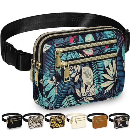Capolo Fanny Packs for Women 4 Zip Pocket Crossbody Belt Bag Waist Bags - color: Blue Leaves, size: Large