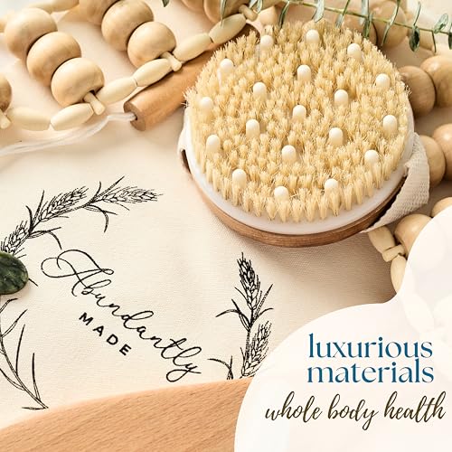 Abundantly Made 6-Piece Lymphatic Drainage Massage Kit | Dry Brush, Wooden Paddle, Rope Roller, Jade Gua Sha, Silicone Cup, Linen Bag & E-Book | Wood Therapy, Maderoterapia & Body Sculpting Tools