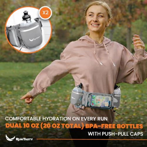 No.1 Hydration Belt by Runtasty - Premium Running Fuel Belt w/2 BPA-Free 10 oz Water Bottles, Tilt-Up Pocket w/Touchscreen-Ready Cover - Fits All iPhones, Runners Ebook & No-Bounce Design - color: Platinum Gray