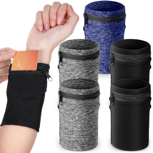 Honoson 5 Pcs Wrist Wallet Women Men Wristband Zipper - color: Black, Gray, Navy