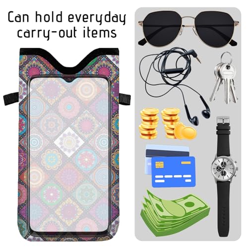 GLOBLELAND Pattern Cell Phone Sleeve Pouch Case Bag with Crossbody Strap Neck Lanyard for Women Men - color: Bohemian Tiles